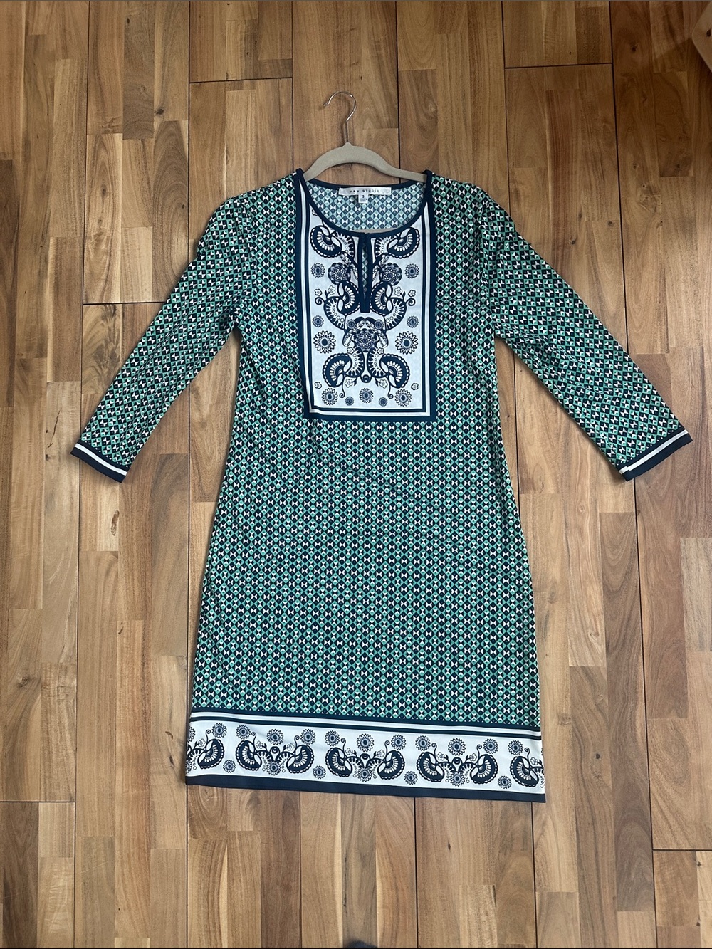 Max Studio Green Paisley Bib Tunic Dress with Navy Trim